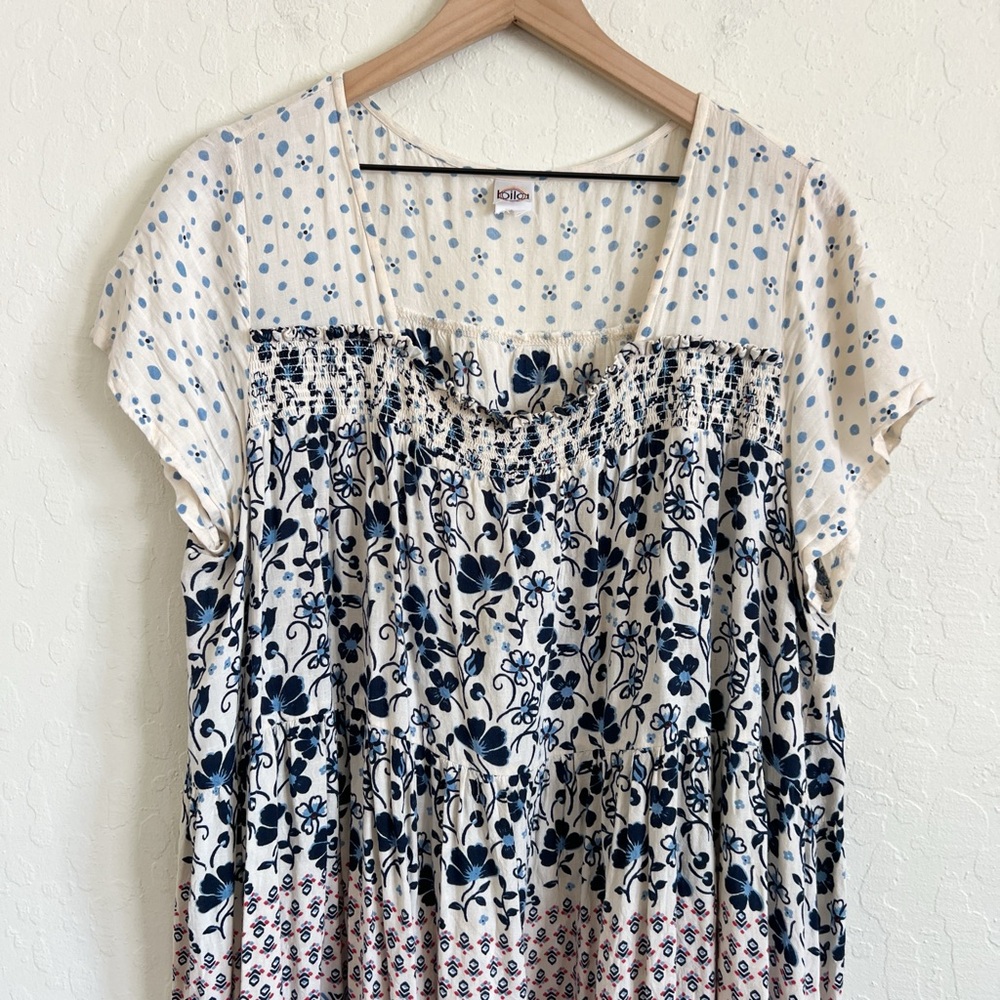 Bila Patchwork Floral Boho Print Short Sleeve Babydoll Mini Dress Large Blue - Picture 2 of 6
